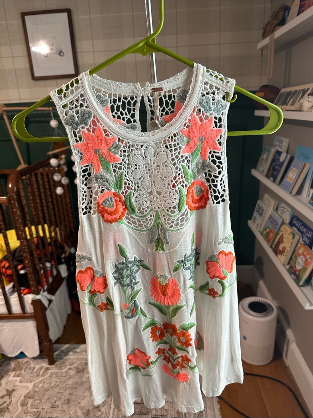 Free People White Crochet Tank with Coral & Green Floral Embroidery